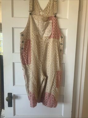 POL Beige and Rose Patchwork Boho Romper Overalls